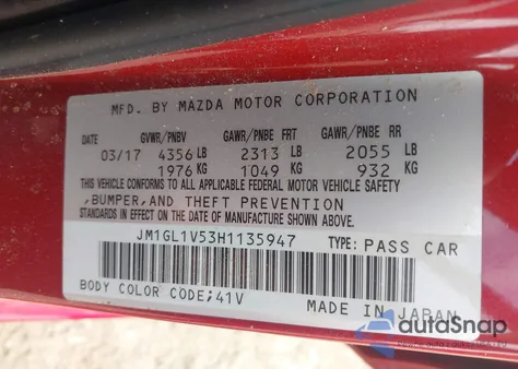 2017 Mazda Mazda6 Touring из США, поврежденный, VIN JM1GL1V53H1135947